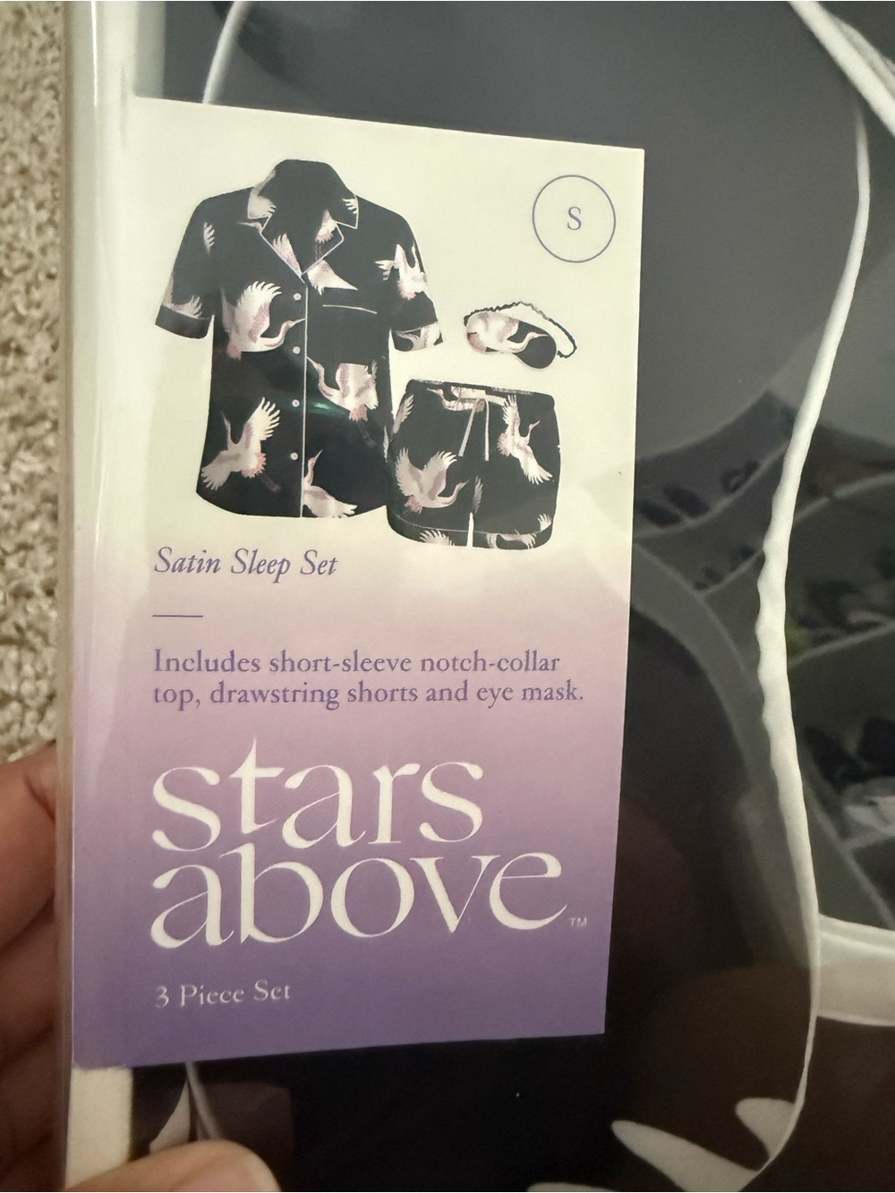 stars above Black Satin Pajama Set with Pink Wing Print and White Trim